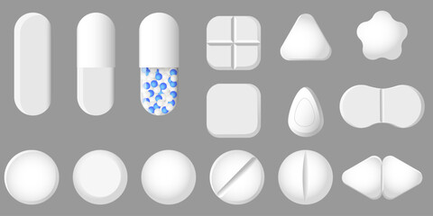 Set of medical pill, capsule, tablet on on grey background. Vector illustration EPS10