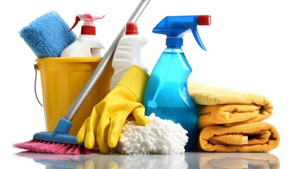 Cleaning Equipment with Bucket Sponge and Cleaning Chemicals.