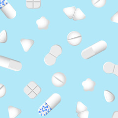 Minimal pharmacy concept. Vector seamless pattern with tablets, pills and capcules.  A health design element for websites, apps. EPS10.