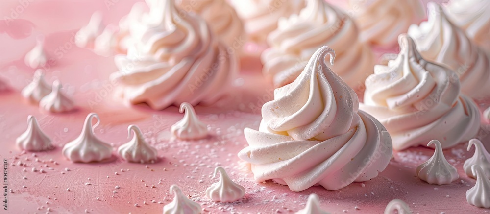 Wall mural Close up of delectable meringue cookies on a bright backdrop with room for adding text next to the image. Copy space image. Place for adding text and design