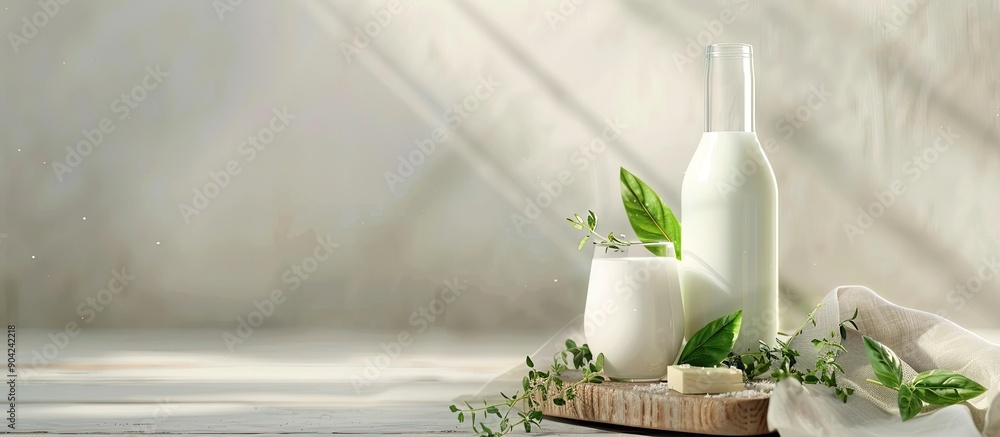 Poster light background with a bottle and glass of alternative milk and herbs allowing text to be added in 