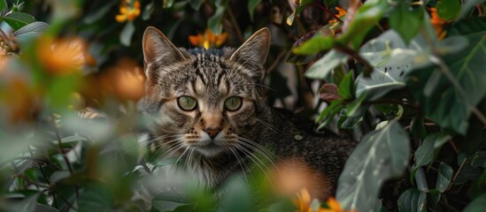 A cat gazing at the camera in a garden setting with empty space for text or graphics in the image. Copy space image. Place for adding text and design