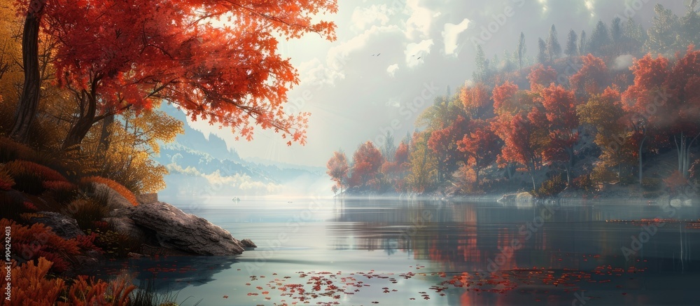Poster autumn foliage set against a vast river showcasing a serene scene with ample copy space image