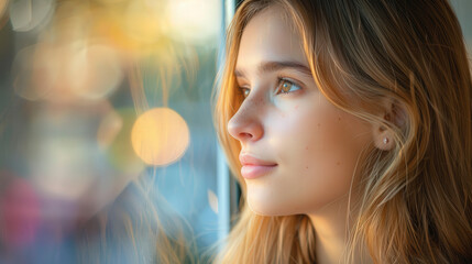 Fototapeta premium A young woman gazes thoughtfully out of a window, with a soft, warm natural light illuminating her face.