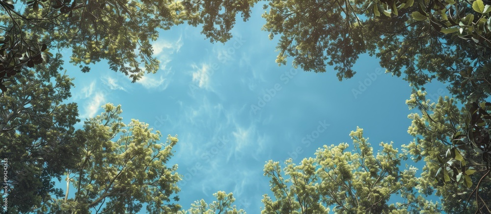 Poster a view of the summer blue sky framed by trees in a forest with ample copy space image available for 