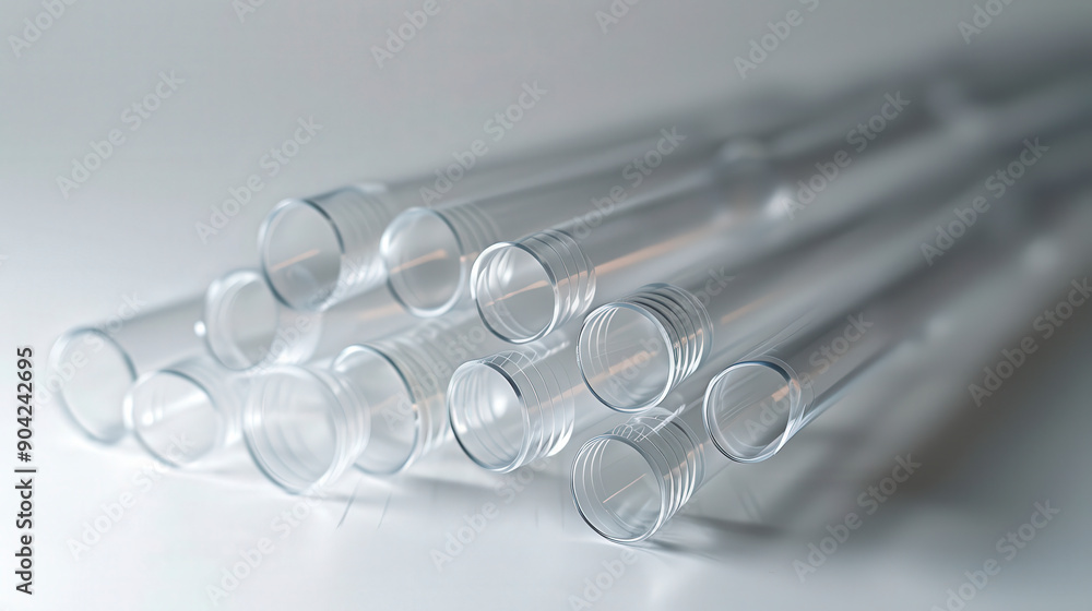 Poster a close-up view of a pyramid stack of clear, empty laboratory test tubes on a smooth, white surface.