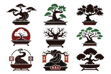 Collection of Nine Silhouettes of Bonsai Trees in Pots