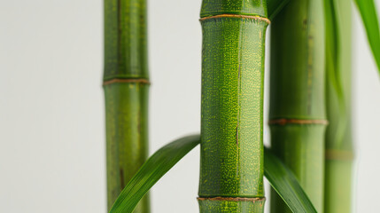 Close-up of vibrant green bamboo stalks with lush leaves, displaying their natural texture against a soft white background. Tranquil and serene scene.