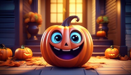 A grinning jack o lantern sits on a porch steps surrounded by autumn leaves