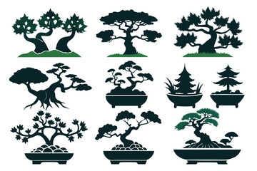 Collection of Bonsai Tree Silhouettes in Pots