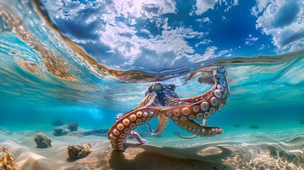 Fototapeta premium An underwater panoramic octopus swimming in a small lagoon beach