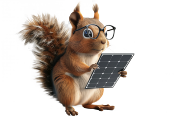 Squirrel holding a solar cell 3d nature conservation on transaparent png file