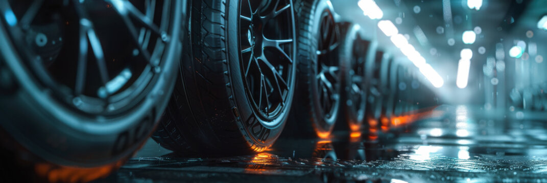 A row of sleek, black tires in a modern, dimly-lit warehouse with shining reflections on the wet floor.
