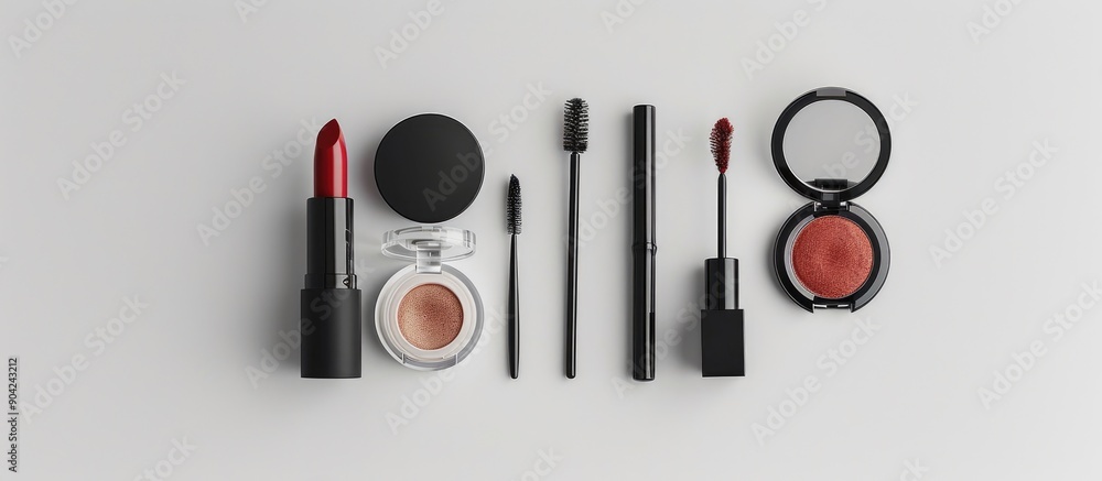 Aufkleber top view flat lay with copy space image showcasing an array of beauty tools like lipstick eyeshadow 