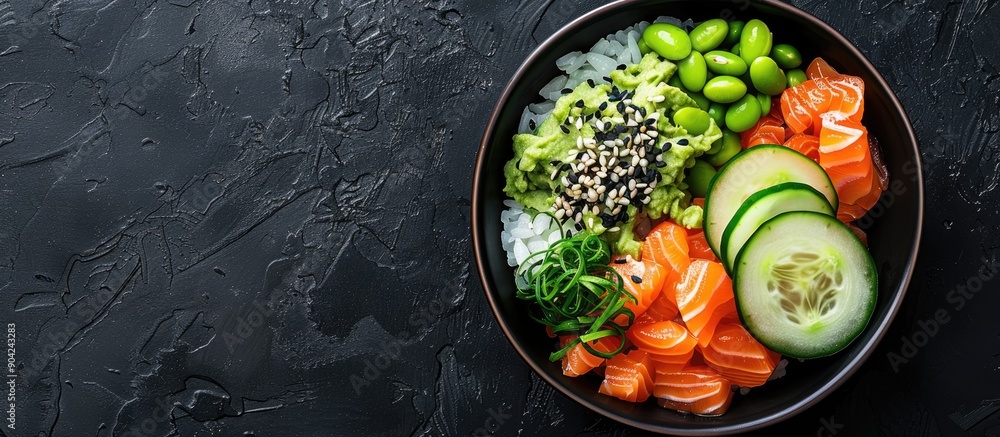 Aufkleber salmon poke bowl with cucumber edamame and rice on a dark backdrop seen from above featuring a blank