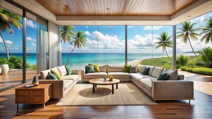 Fototapeta premium Luxury living room with panoramic views of tropical beach, luxury, house, living room, tropical, beach