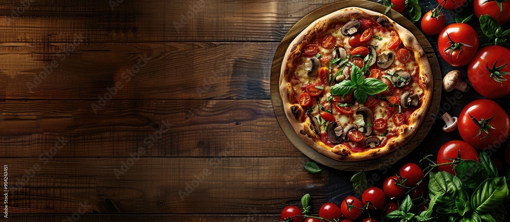 Poster wooden table with a delectable pizza topped with tomatoes mushrooms and basil captured from above fo