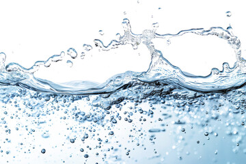 Clear blue water splashing and forming bubbles in the air, creating a dynamic scene that captures the fluidity and motion of water in motion.