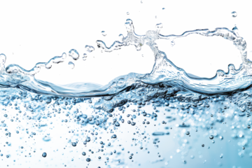 Clear blue water splashing and forming bubbles in the air, creating a dynamic scene that captures the fluidity and motion of water in motion.