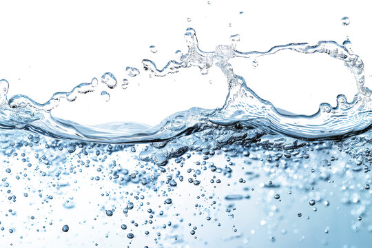 Clear blue water splashing and forming bubbles in the air, creating a dynamic scene that captures the fluidity and motion of water in motion.