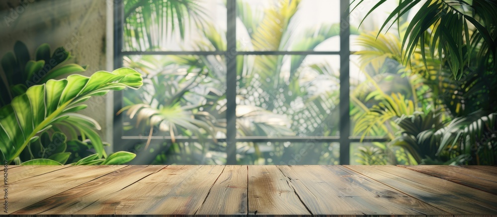 Aufkleber wooden table set against a backdrop of a blurred window pane and a wall adorned with tropical leaves