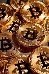 Close-up of multiple shiny gold Bitcoin cryptocurrency coins, digital currency concept background