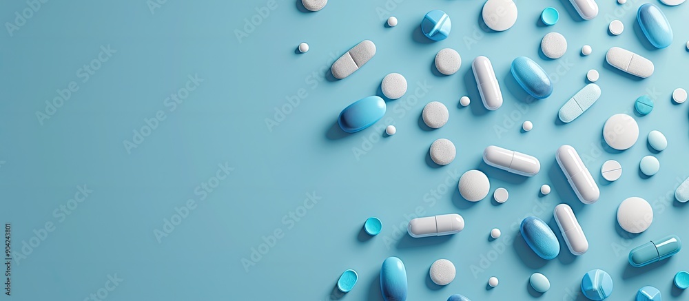 Aufkleber close up view of numerous antibiotic pills arranged on a light blue backdrop with a designated area 