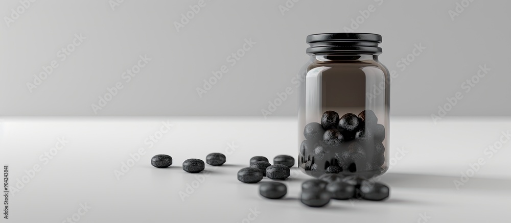 Aufkleber activated carbon tablets and a glass bottle on a light background creating a visually appealing copy