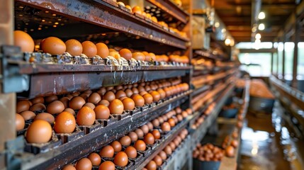 Obraz premium A close-up view of a row of brown eggs in a farm setting, showcasing the organized structure of an egg-laying facility.