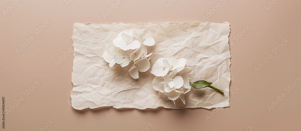 Aufkleber from above a blank sheet of paper with a flower on a beige background providing copy space image