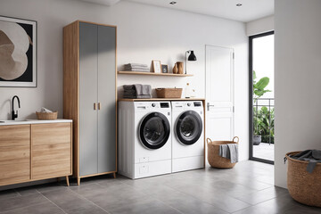 Interior of laundry room with washing machines and dirty clothes