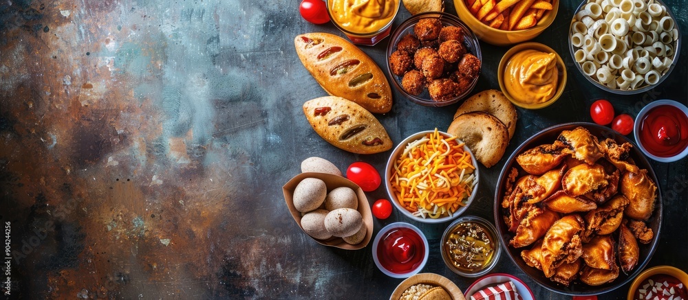 Poster top view of super bowl party snacks on a dark background with a copy space image available