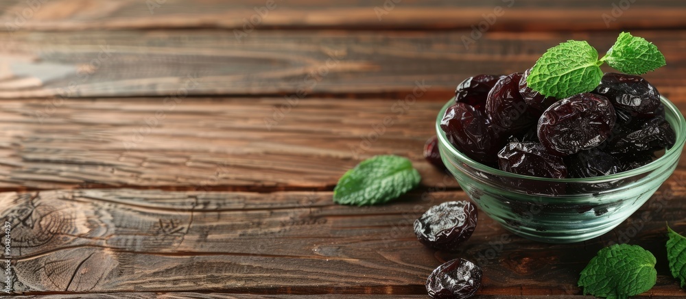 Poster close up of delicious dried plums prunes arranged in a glass bowl with mint leaves on a wooden table