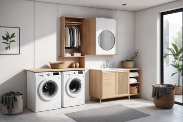 Interior of laundry room with washing machines and dirty clothes