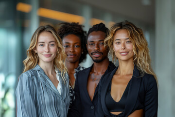 Fototapeta premium A vibrant group of employees showcases their unique identities and backgrounds, reflecting inclusivity and teamwork in a contemporary office setting