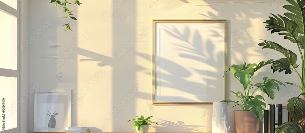 Wall mural A room s interior displaying a picture frame houseplant and shelving unit with a picture frame and houseplant on display creating a visually appealing copy space image