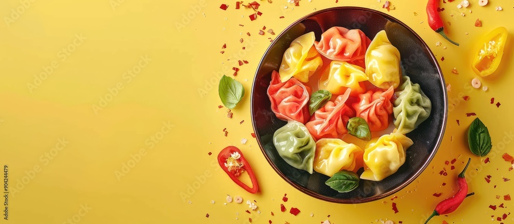 Poster bowl with colorful dumplings and pepper on yellow backdrop with a copy space image