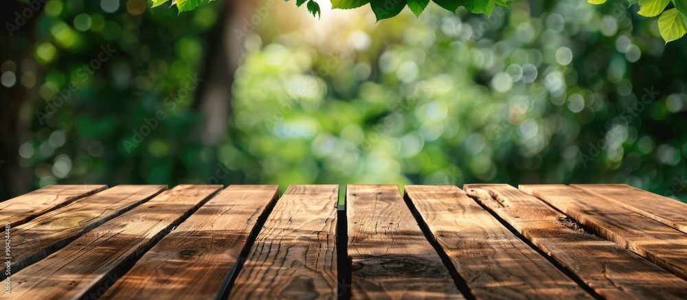 Poster wooden table with no items on top placed against a blurred green background providing ample copy spa
