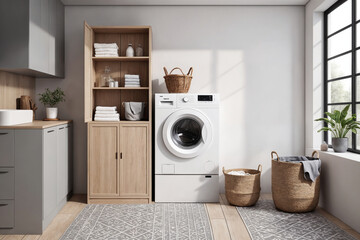 Interior of laundry room with washing machines and dirty clothes
