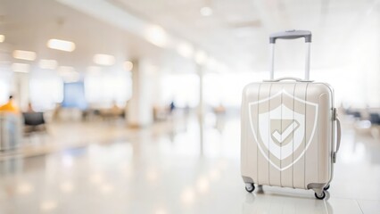 Travel Insurance and Protection Plan – Luggage with a shield symbol and a travel background, representing travel insurance.
