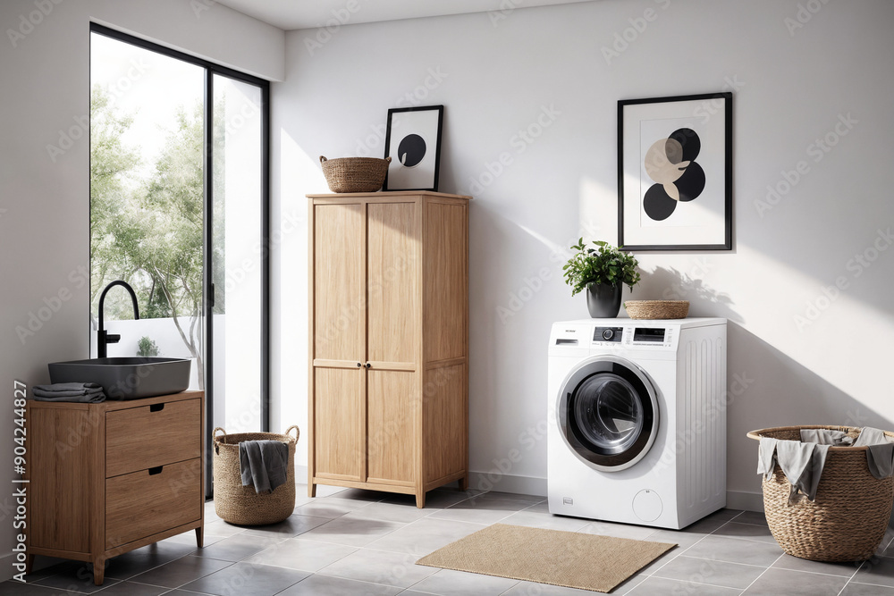 Wall mural interior of laundry room with washing machines and dirty clothes