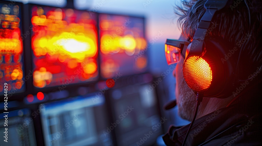 Poster a focused operator wearing headset monitors data on multiple screens during twilight, showcasing adv