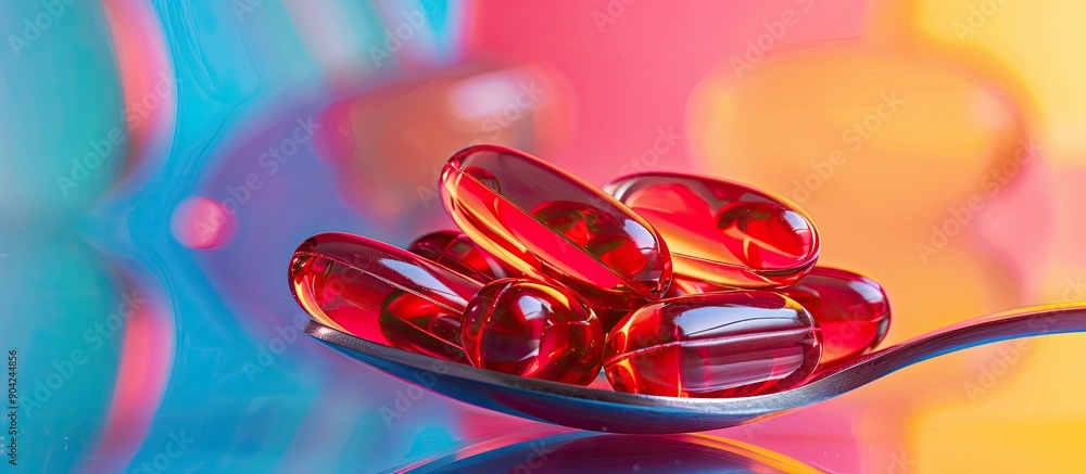 Poster red soft gel vitamin supplement capsules arranged on a spoon against a colorful backdrop creating an