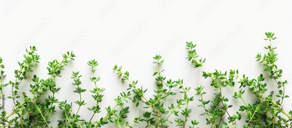 Poster top view of fresh thyme on a white background with full depth of field ideal for adding text in the 