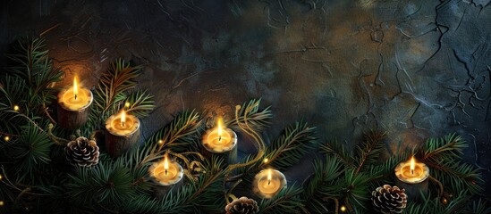 Holiday greeting card design featuring a festive fir branch adorned with candles and a designated area for text in a copy space image
