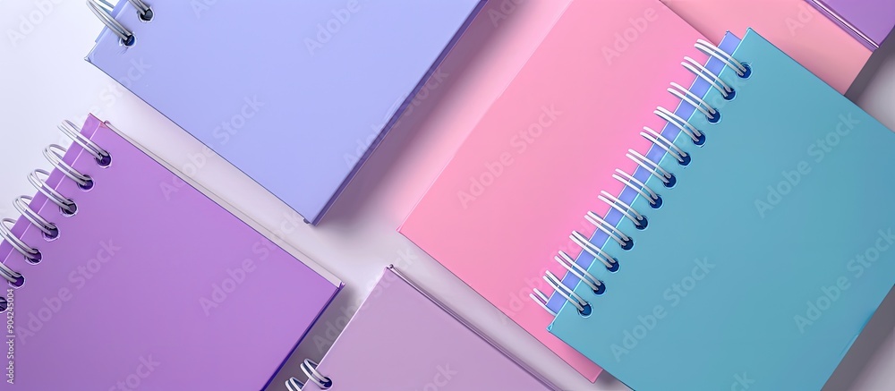 Poster pink purple and blue notebooks are arranged neatly on a white background creating a vibrant display 
