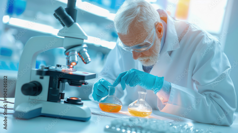 Poster a focused scientist conducts research in a laboratory using a microscope and test tubes, showcasing 