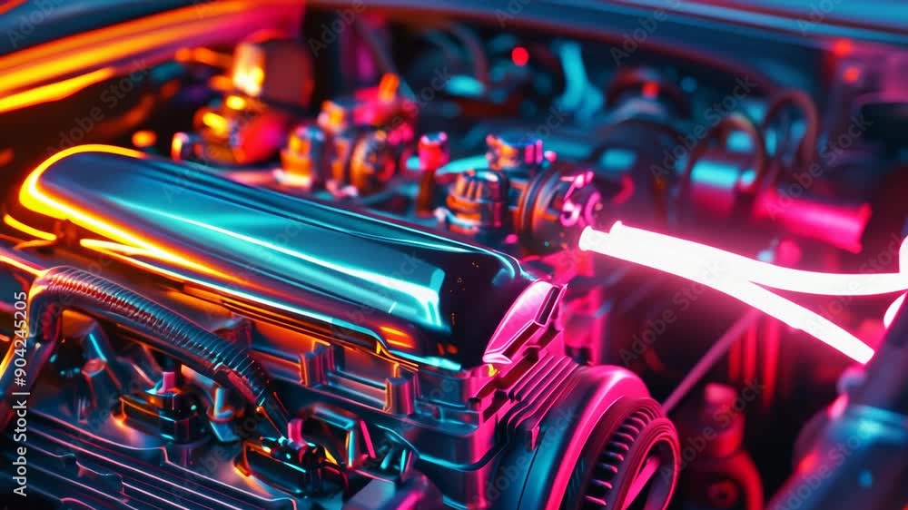 Aufkleber high-tech engine with neon lights and metallic components in a futuristic setting