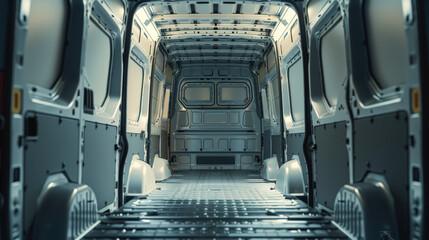 The interior of an empty, metallic cargo van displays its spacious and bare structure, ready for loading or conversion.