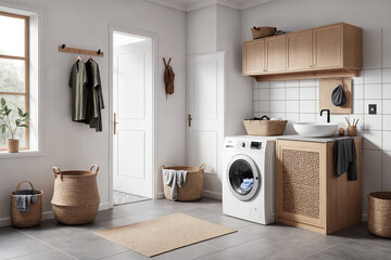 Interior of laundry room with washing machines and dirty clothes
